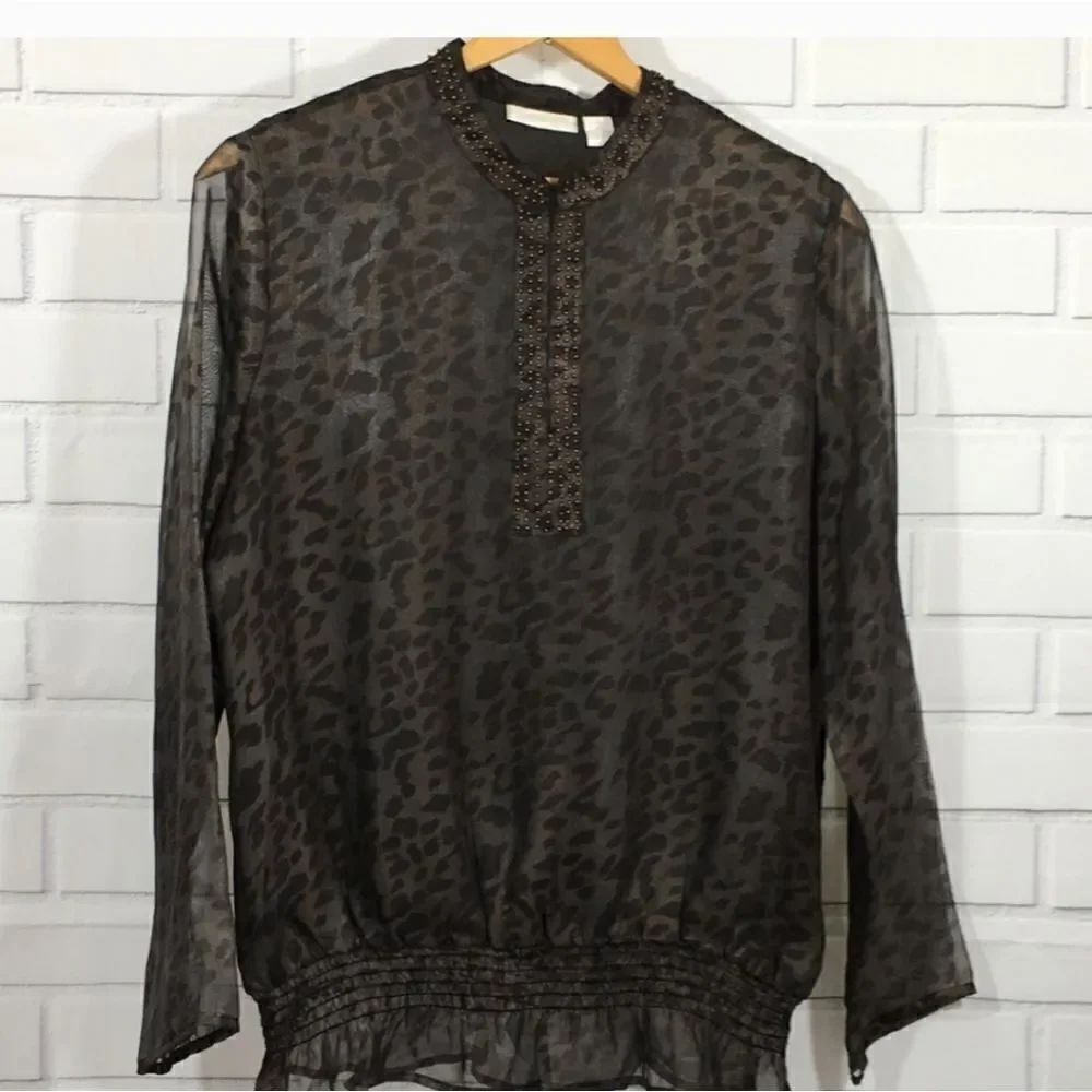 Chico's 2/ L BlackBrown Lngslvs Lined ElasticWaistBeaded Sheer Women’s TopBlouse